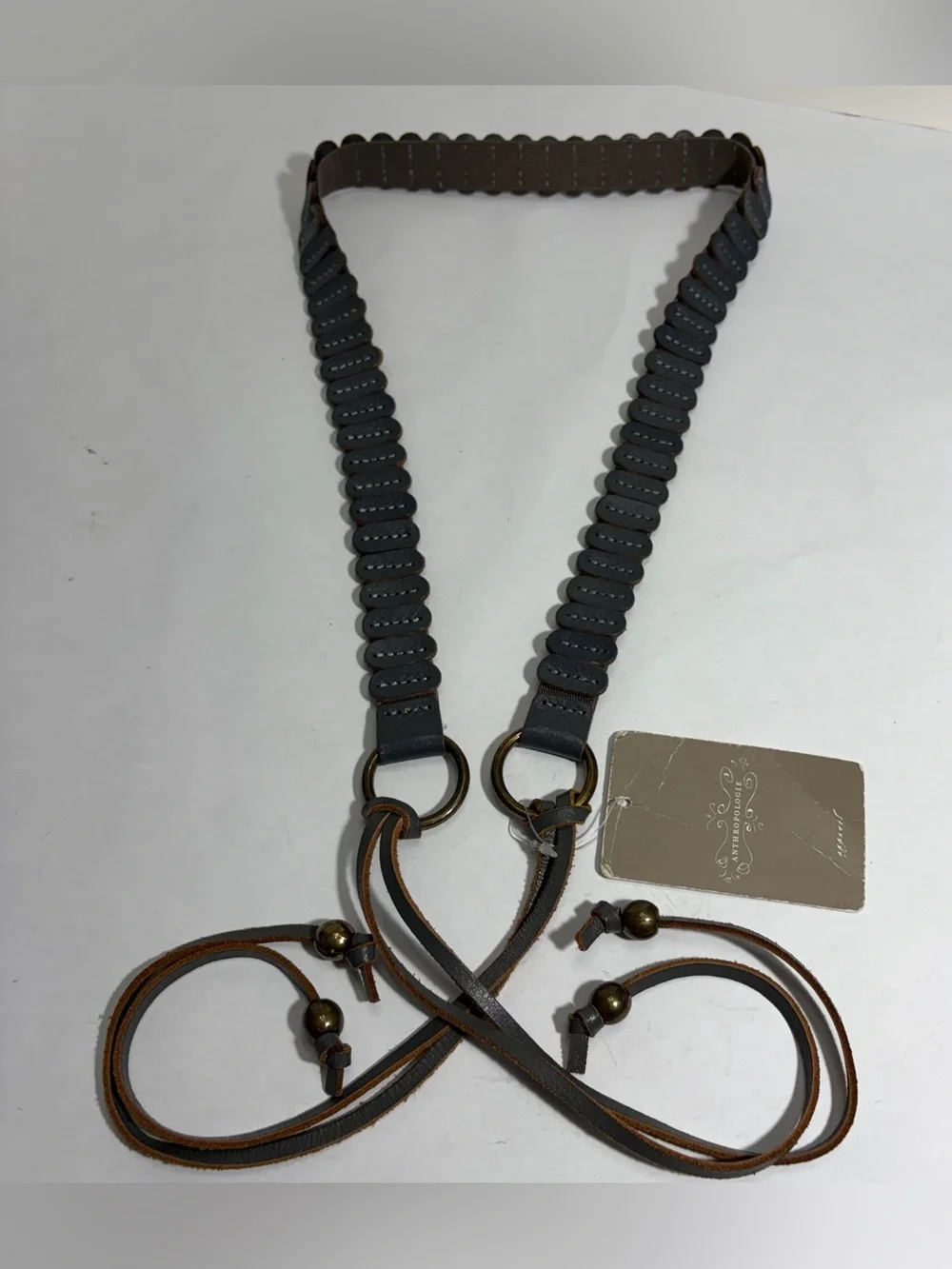 NWT Anthropologie Dark Grey Leather Oval Segment Stretch Tie Belt Brass Beads M
